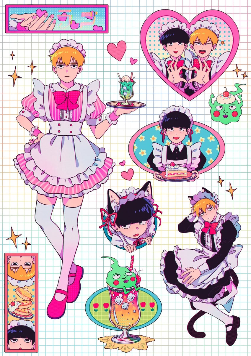 kageyama shigeo, reigen arataka, and ekubo (mob psycho 100) drawn by cm_wm