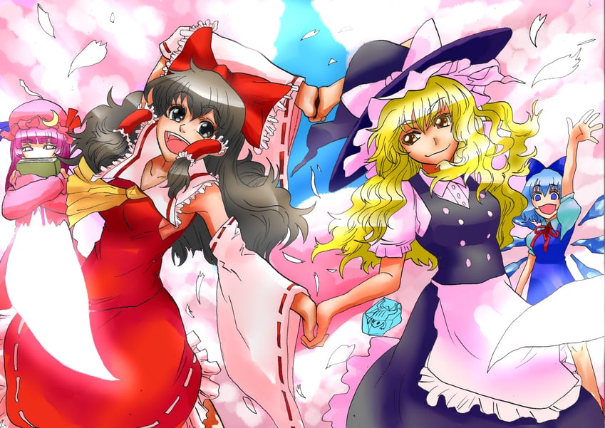 hakurei reimu, kirisame marisa, cirno, and patchouli knowledge (touhou) drawn by tsukimi_(eyhyexx)