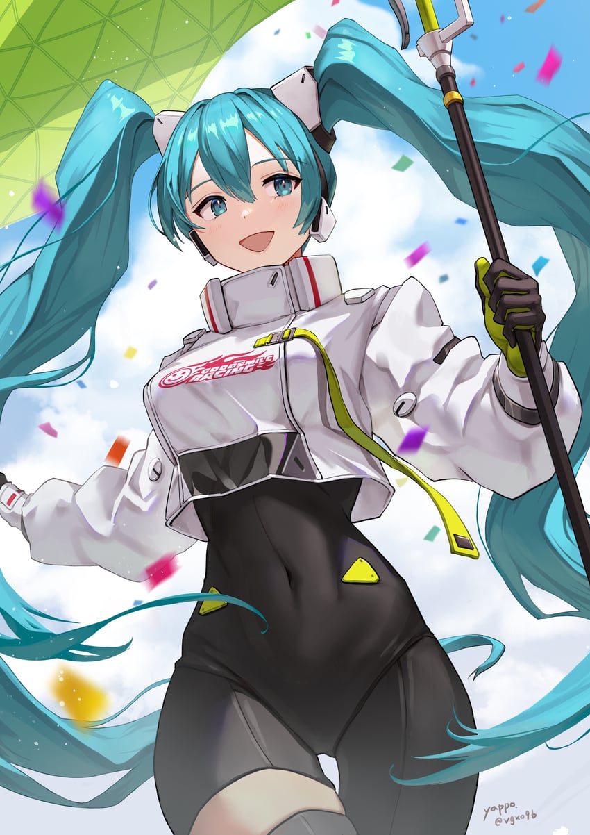 hatsune miku and racing miku (vocaloid and 1 more) drawn by yappo_(point71)