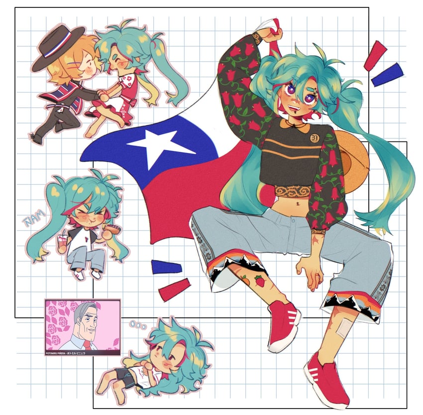 hatsune miku, kagamine rin, condorito, and sebastian pinera (vocaloid and 3 more) drawn by mikurinkuwu