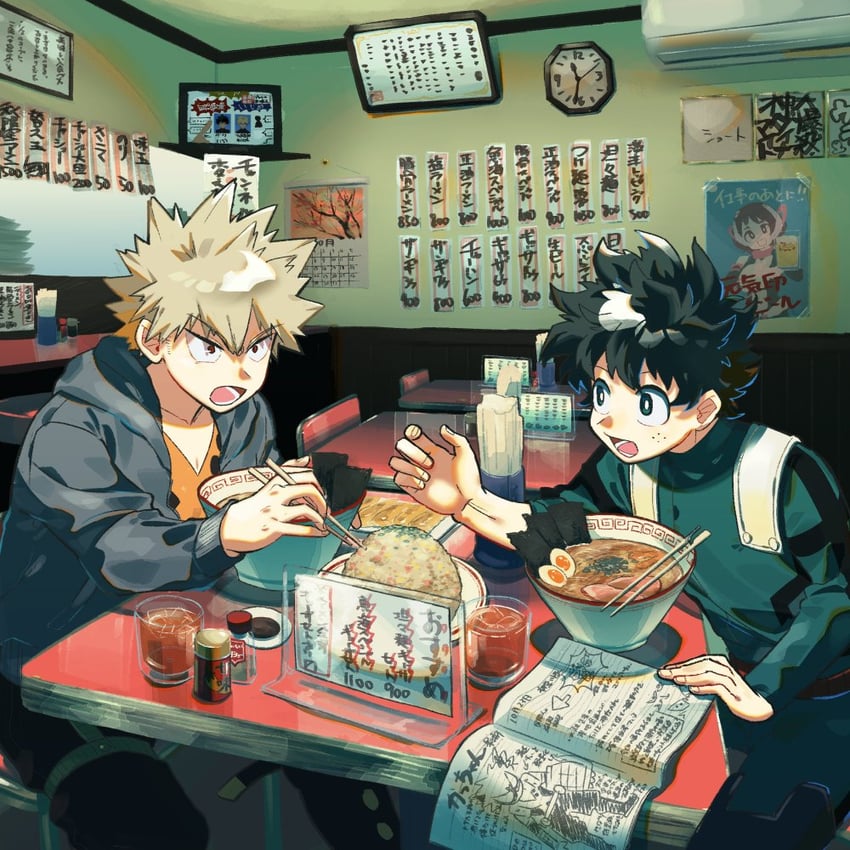 midoriya izuku, uraraka ochaco, and bakugou katsuki (boku no hero academia) drawn by niwa2wa_tori