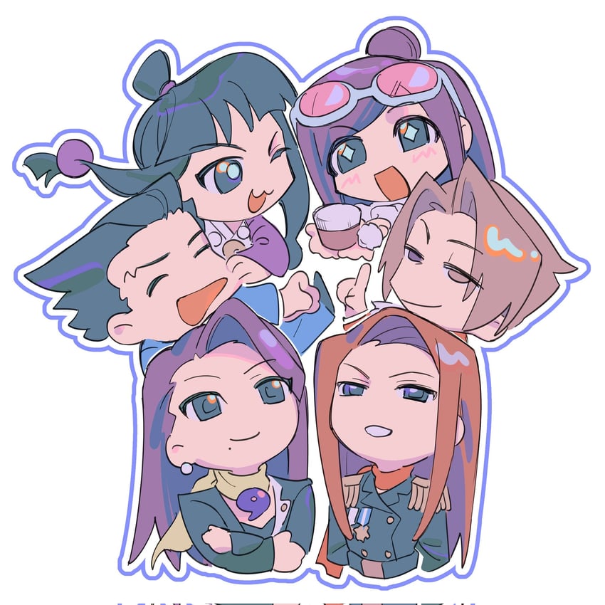 phoenix wright, miles edgeworth, maya fey, mia fey, ema skye, and 1 more (ace attorney and 1 more) drawn by 7zhby