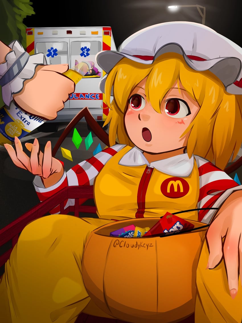 flandre scarlet, patchouli knowledge, ibuki suika, fern, and ronald mcdonald (touhou and 3 more) drawn by cloudykeyz