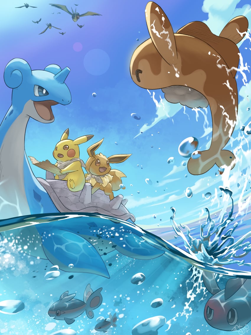 pikachu, eevee, lapras, tatsugiri, finneon, and 1 more (pokemon and 1 more) drawn by yamaori_(hakkentai_pokedan)