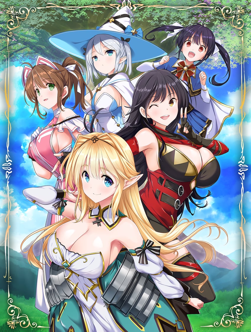 nijou towa, matsudo minami, higaki eiko, akikawa suika, and shikigi kiki (girls frantic clan) drawn by yaegashi_nan
