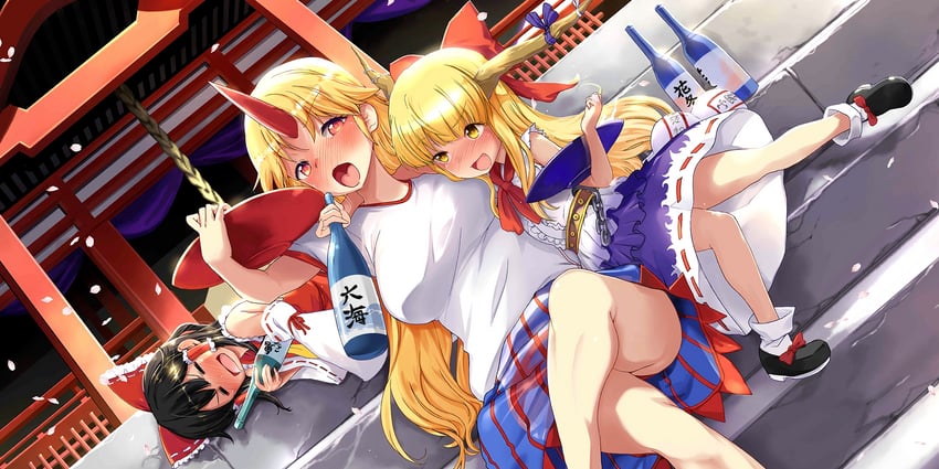 hakurei reimu, ibuki suika, and hoshiguma yuugi (touhou and 1 more) drawn by hiura_r