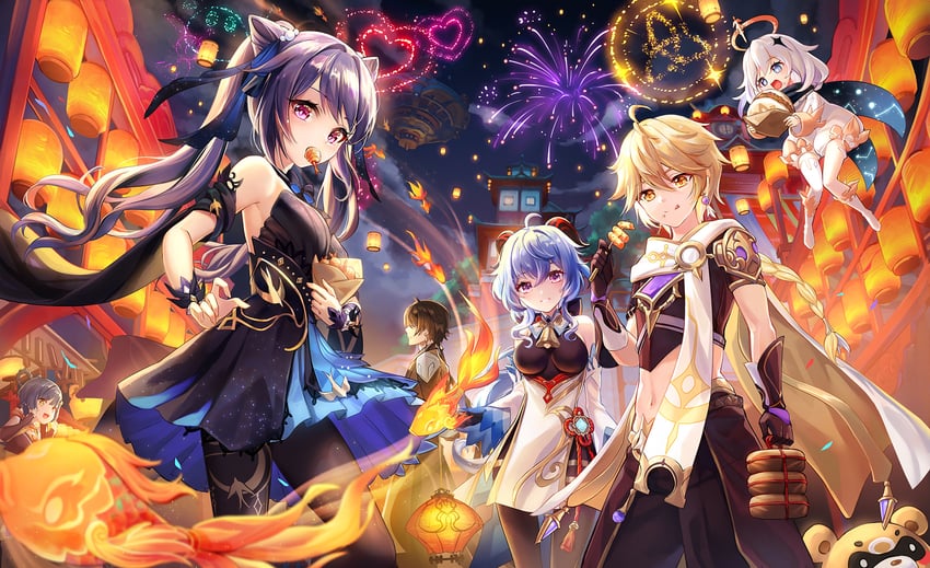 ganyu, aether, zhongli, keqing, paimon, and 2 more (genshin impact) drawn by lalazyt
