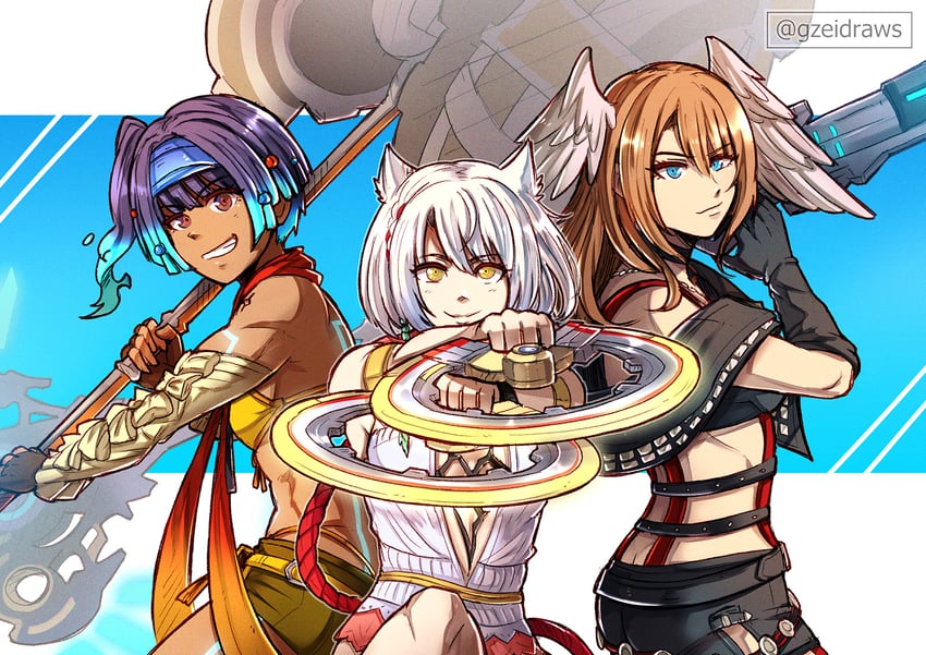 mio, eunie, yuna, sena, rikku, and 3 more (final fantasy and 4 more) drawn by gzei