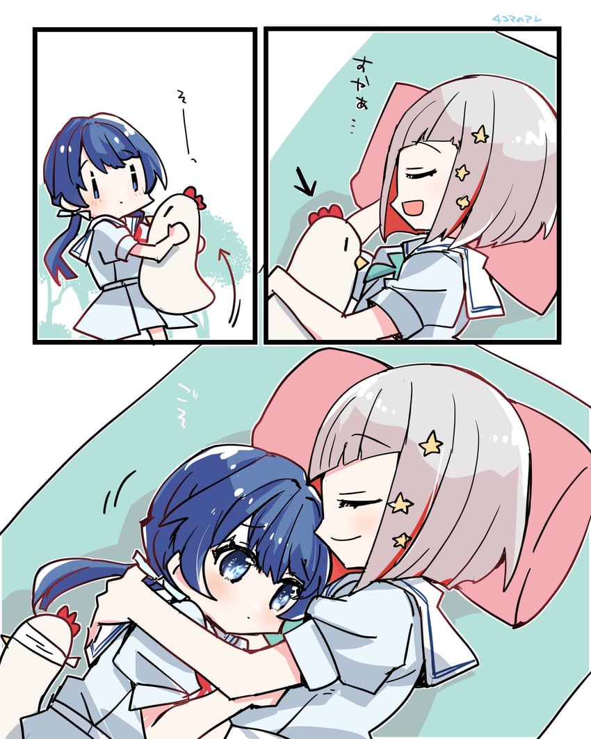 murano sayaka, yugiri tsuzuri, and peking duck (love live! and 1 more) drawn by kanduki_kamibukuro