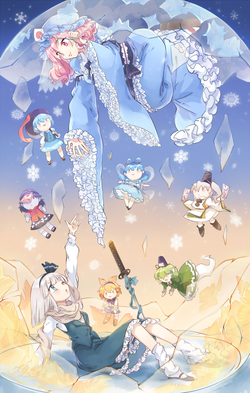 konpaku youmu, saigyouji yuyuko, tatara kogasa, toyosatomimi no miko, mononobe no futo, and 3 more (touhou and 1 more) drawn by siam_(meow13)