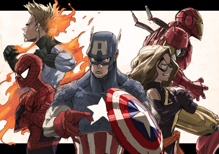 spider-man, steve rogers, captain america, tony stark, iron man, and 4 more (marvel and 3 more) drawn by horikoshi_kouhei