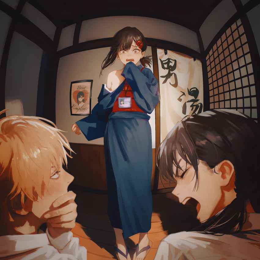 denji, higashiyama kobeni, and mitaka asa (chainsaw man) drawn by yao_liao_wang