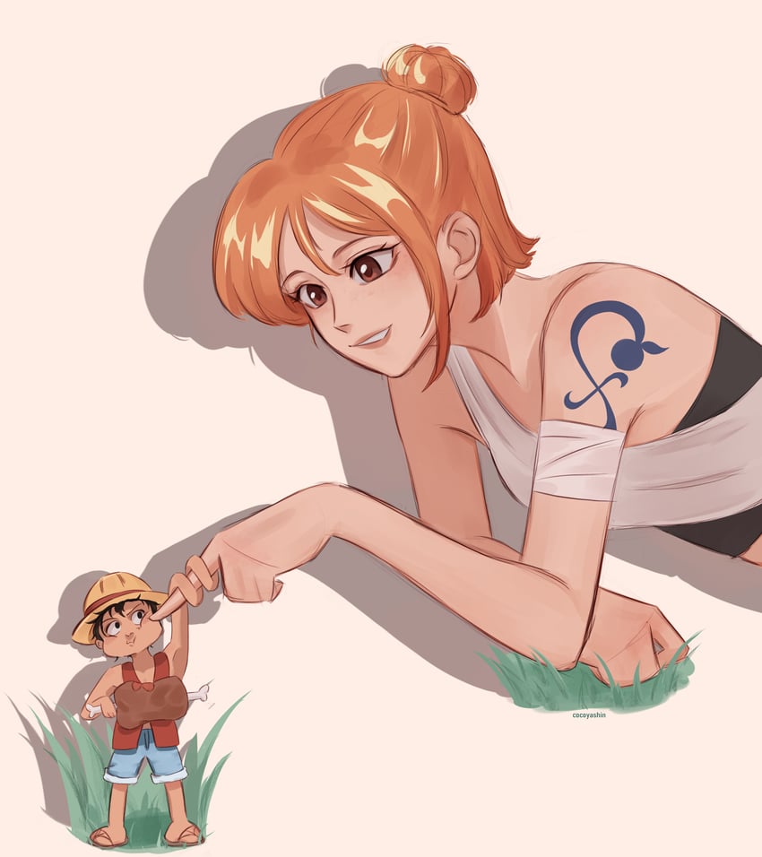 nami and monkey d. luffy (one piece) drawn by cocoyashin
