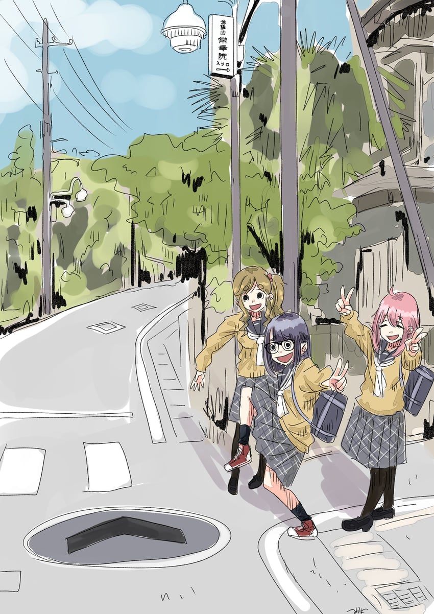 kagamihara nadeshiko, inuyama aoi, and oogaki chiaki (yurucamp) drawn by minai_kiyo