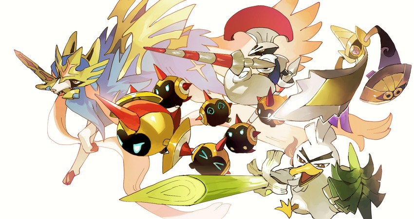 aegislash, sirfetch'd, zacian, escavalier, and falinks (pokemon) drawn by newo_(shinra-p)