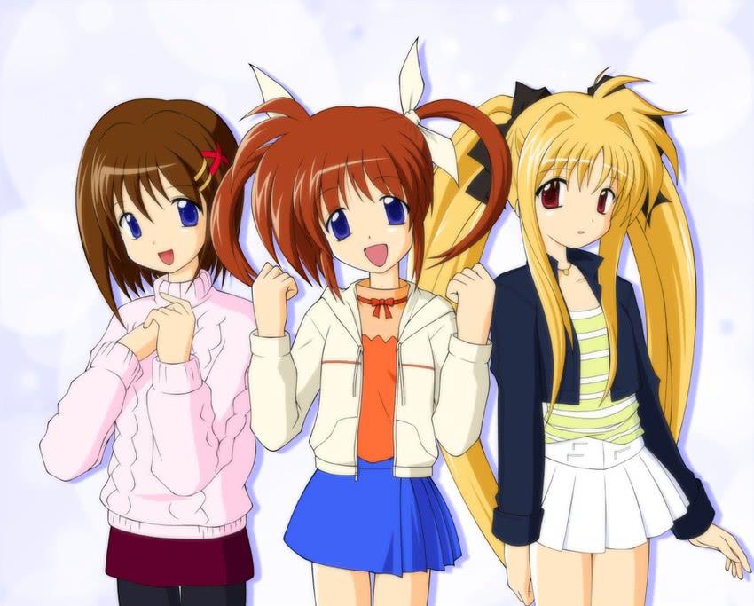 fate testarossa, takamachi nanoha, and yagami hayate (lyrical nanoha and 2 more) drawn by ebihara_kyousuke