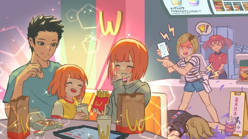 sasaki chiho, mother, daughter, and father (mcdonald's and 3 more) drawn by freeze-ex