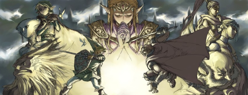 link, princess zelda, ganondorf, navi, impa, and 5 more (the legend of zelda and 1 more) drawn by gogo_(key-ring)