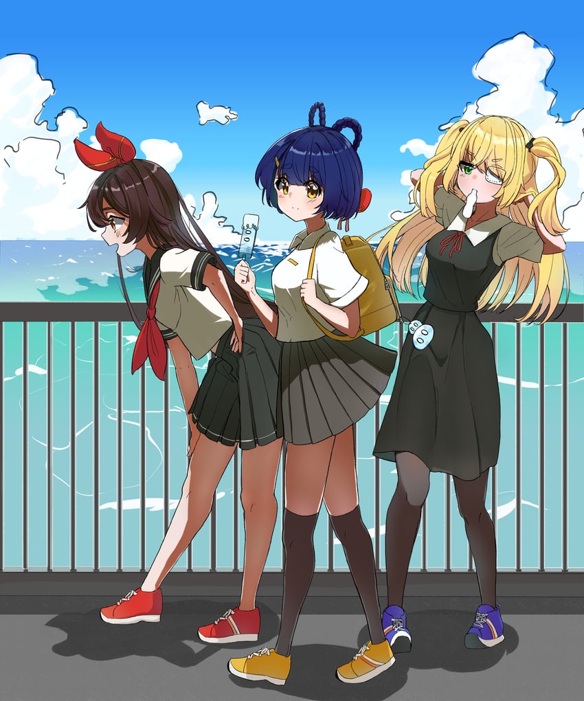 fischl, amber, slime, and xiangling (genshin impact) drawn by lovelyme