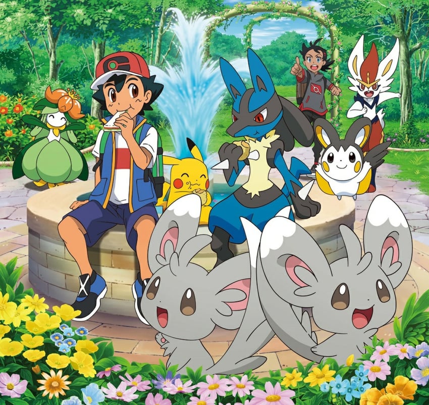 pikachu, ash ketchum, lucario, goh, cinderace, and 2 more (pokemon and 1 more)