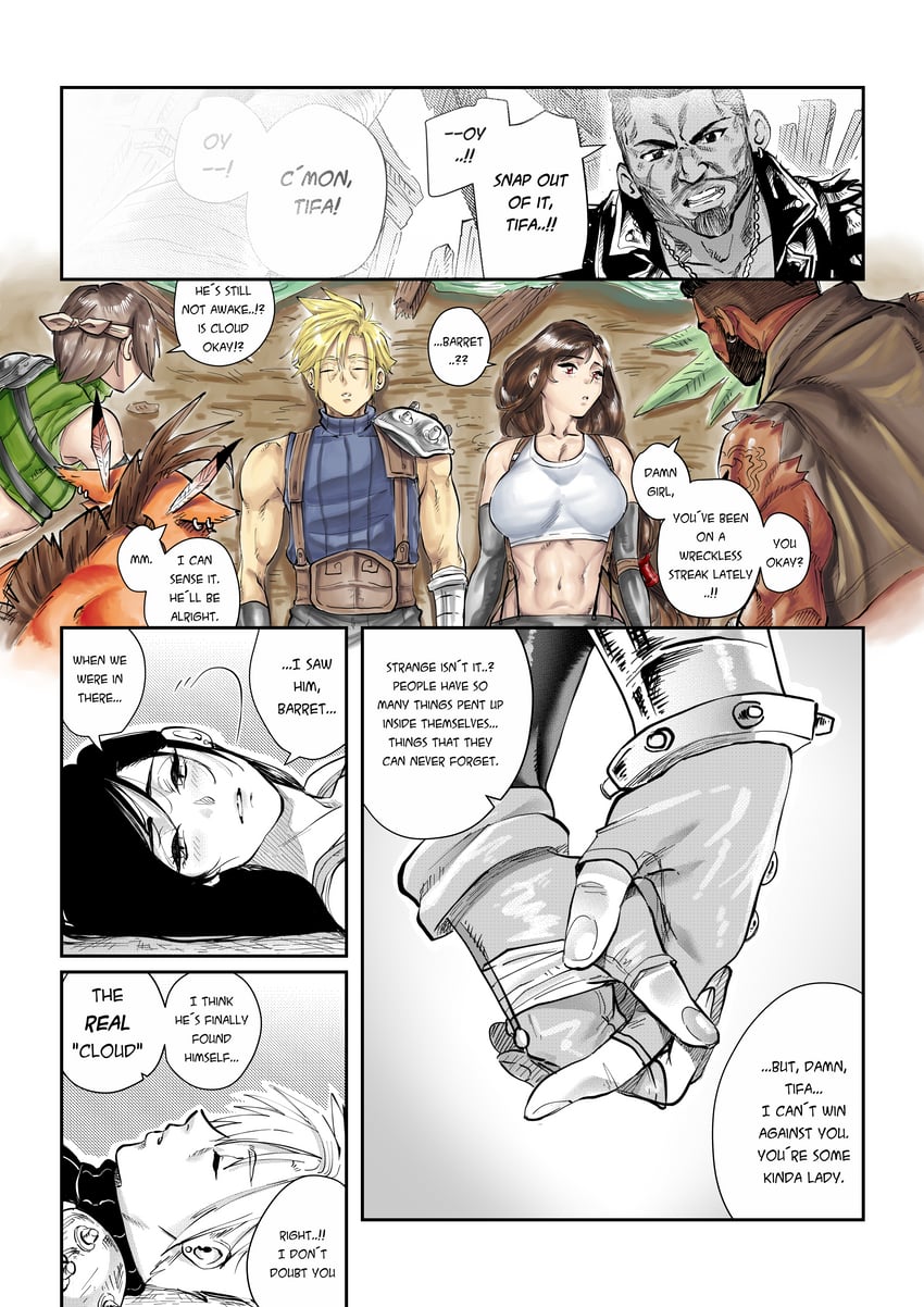 tifa lockhart, cloud strife, yuffie kisaragi, barret wallace, and red xiii (final fantasy and 1 more) drawn by aarokira