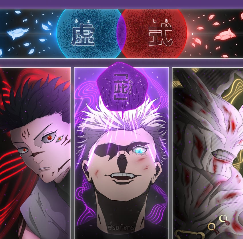 gojou satoru, fushiguro megumi, ryoumen sukuna, and mahoraga (jujutsu kaisen) drawn by safxns