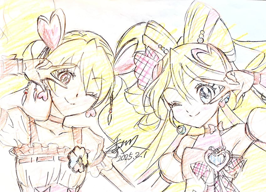 cure peach and cure idol (precure and 2 more) drawn by kagawa_hisashi