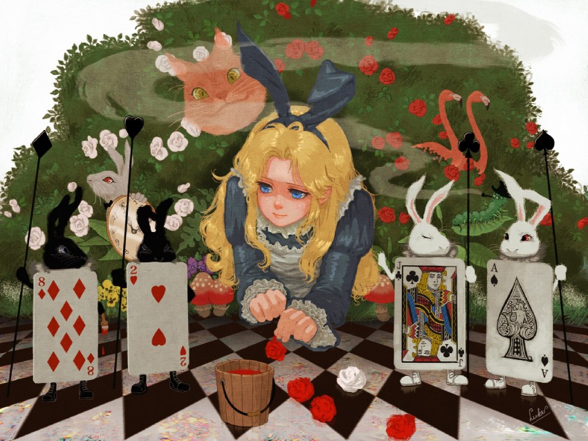 alice, white rabbit, cheshire cat, and caterpillar (alice's adventures in wonderland) drawn by luke_uehara