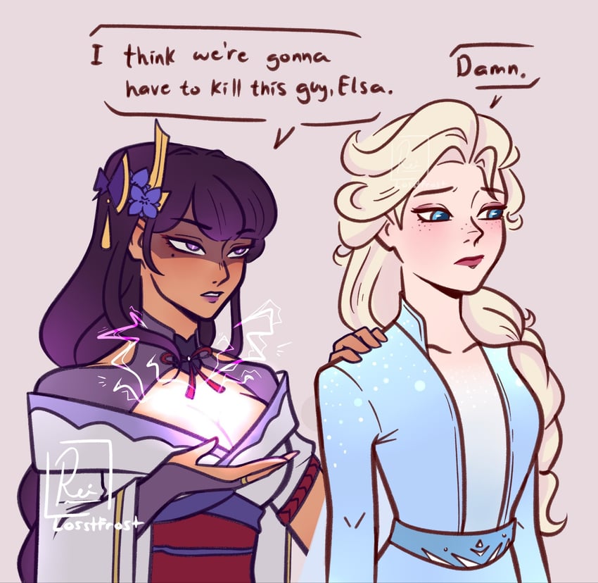 raiden shogun and elsa (genshin impact and 1 more) drawn by losstfrost