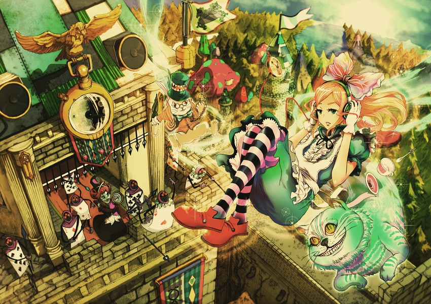 alice, white rabbit, and cheshire cat (alice's adventures in wonderland) drawn by wyx2