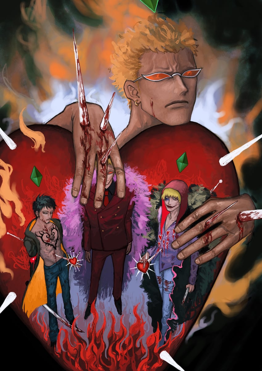 trafalgar law, donquixote doflamingo, and donquixote rocinante (one piece) drawn by hv48ell