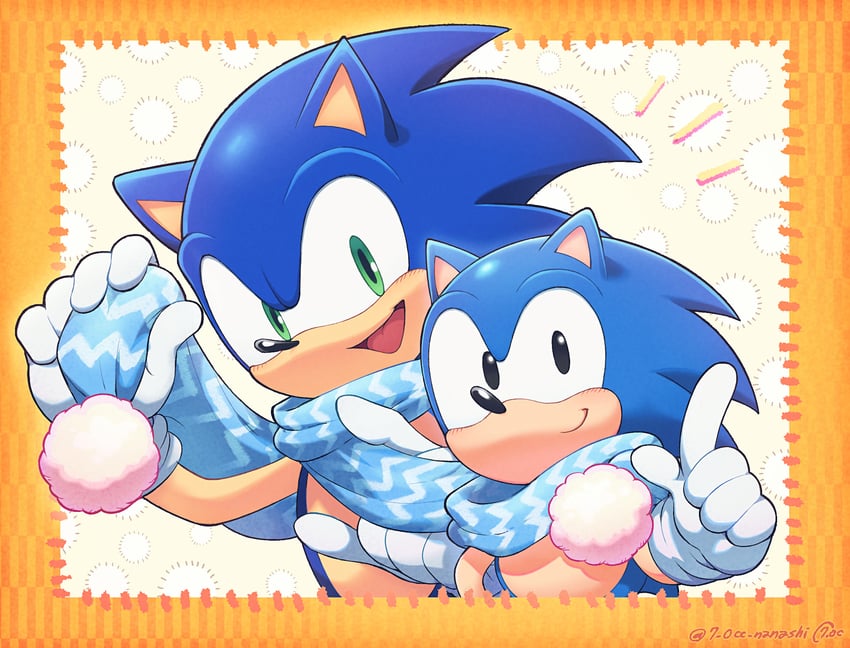 sonic the hedgehog and classic sonic (sonic and 1 more) drawn by show_chiku-by