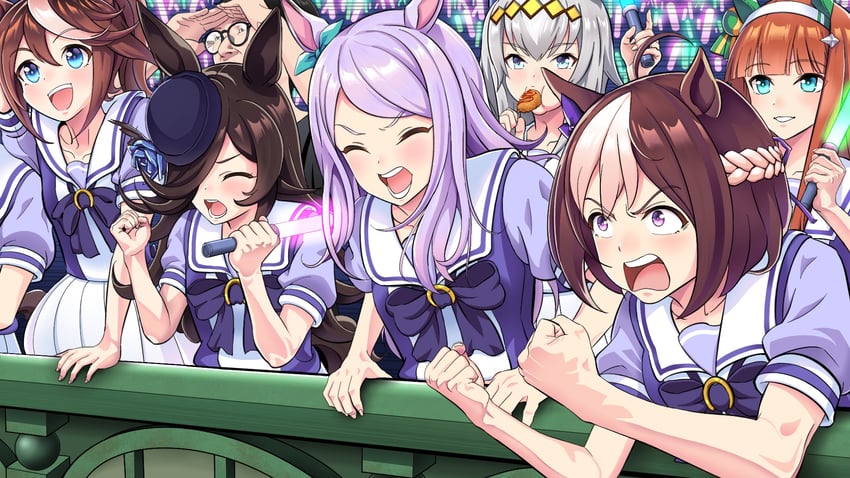 trainer, rice shower, mejiro mcqueen, tokai teio, silence suzuka, and 2 more (umamusume) drawn by essential_ys