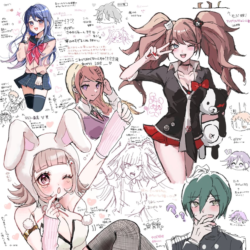 nanami chiaki, oma kokichi, saihara shuichi, komaeda nagito, hinata hajime, and 6 more (danganronpa and 3 more) drawn by yuyu_(yuuyudayo1211)