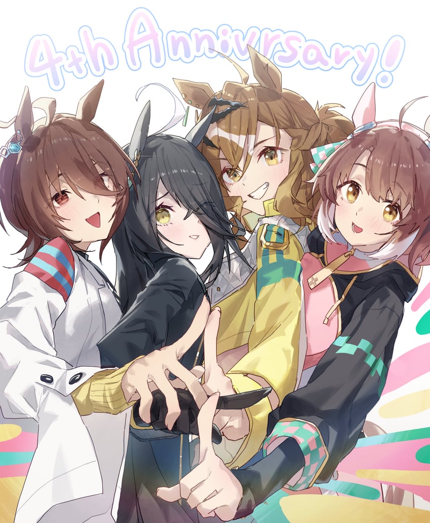 agnes tachyon, manhattan cafe, jungle pocket, and dantsu flame (umamusume and 1 more) drawn by amano_kokoko