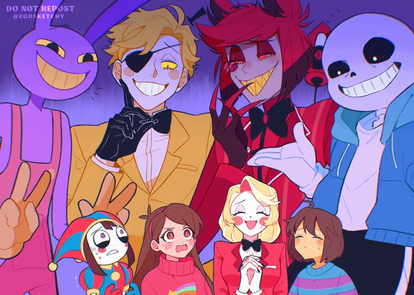 frisk, sans, pomni, charlie morningstar, alastor, and 3 more (undertale and 3 more) drawn by egosketchy