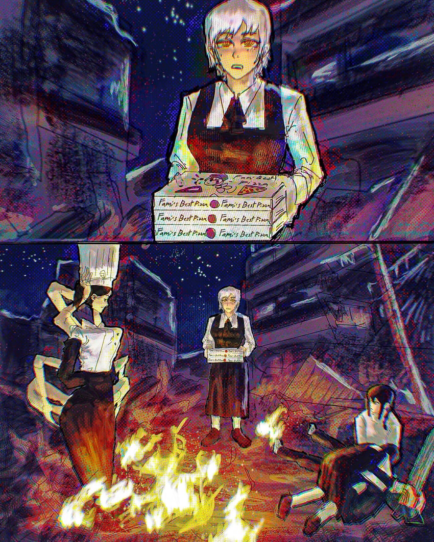 denji, fami, nayuta, and falling devil (chainsaw man and 1 more) drawn by sincostine