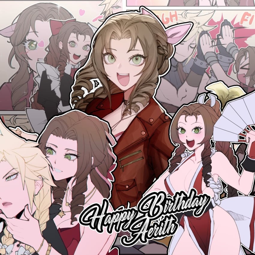 cloud strife and aerith gainsborough (final fantasy and 1 more) drawn by kyou_(iuciferic)