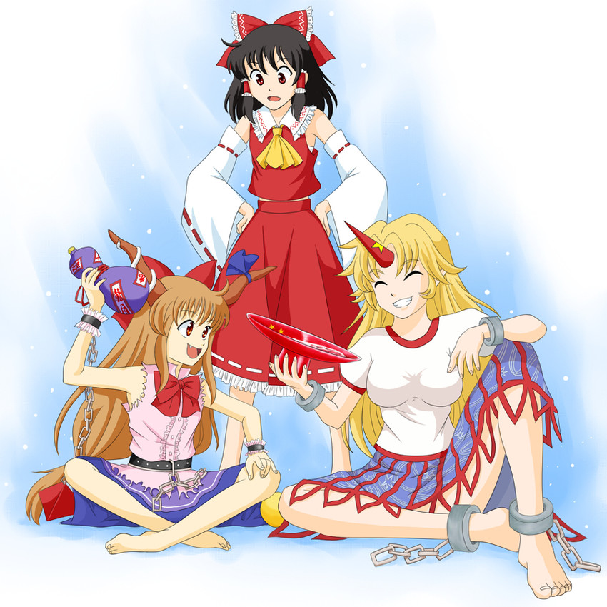 hakurei reimu, ibuki suika, and hoshiguma yuugi (touhou) drawn by kisaragi_koushi