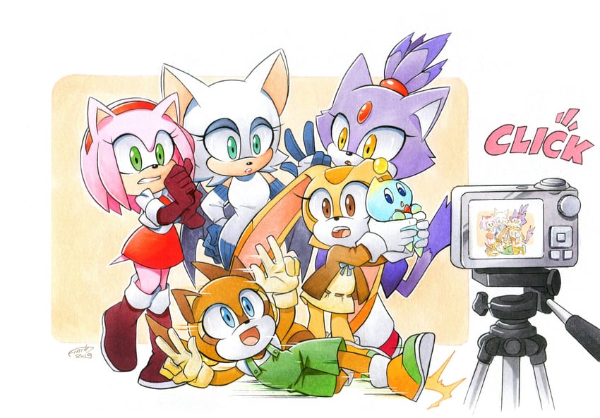 amy rose, blaze the cat, rouge the bat, cream the rabbit, neutral chao, and 2 more (sonic and 1 more) drawn by finik