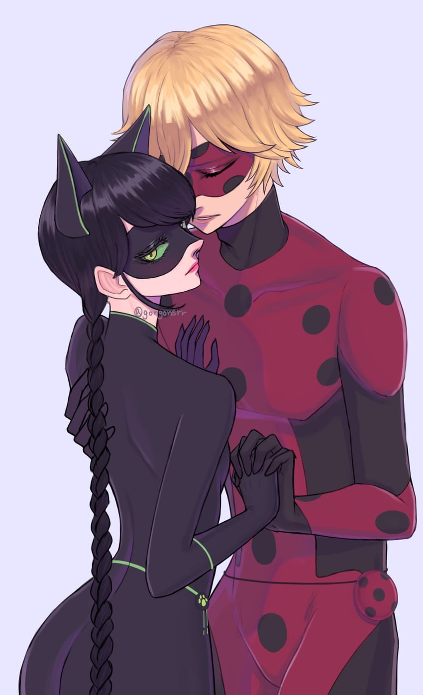 marinette dupain-cheng, adrien agreste, lady noir, and misterbug (miraculous ladybug) drawn by gongonsrr