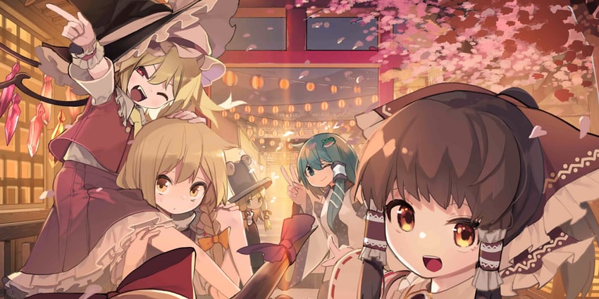 hakurei reimu, kirisame marisa, flandre scarlet, kochiya sanae, moriya suwako, and 1 more (touhou and 1 more) drawn by akimaki_yuu