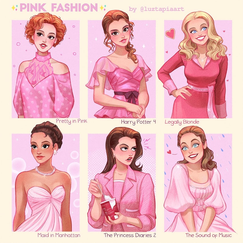 hermione granger, elle woods, mia thermopolis, andie walsh, liesl von trapp, and 1 more (wizarding world and 7 more) drawn by luztapiaart