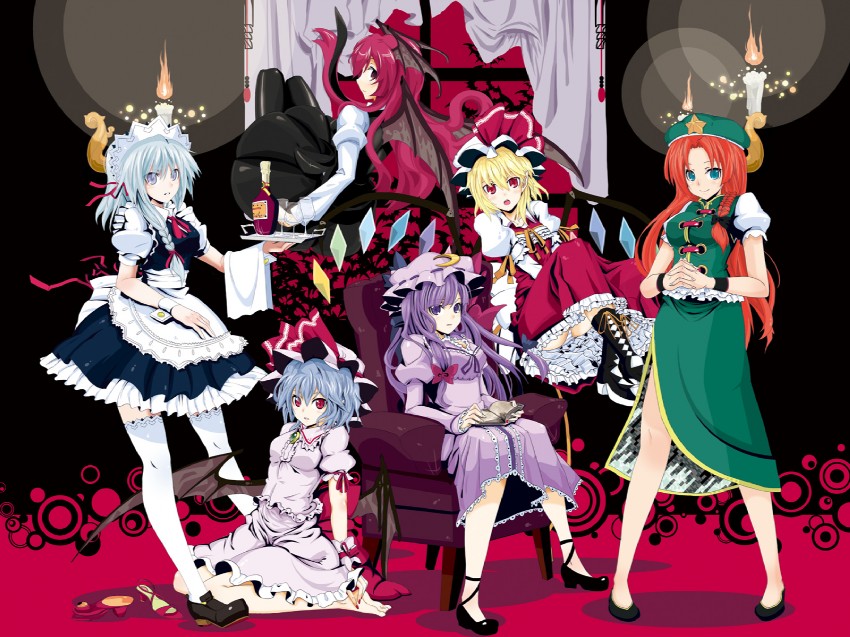 remilia scarlet, flandre scarlet, izayoi sakuya, patchouli knowledge, hong meiling, and 1 more (touhou and 1 more) drawn by satou_samu