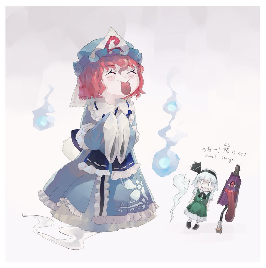 konpaku youmu, saigyouji yuyuko, and tatara kogasa (touhou) drawn by riki6