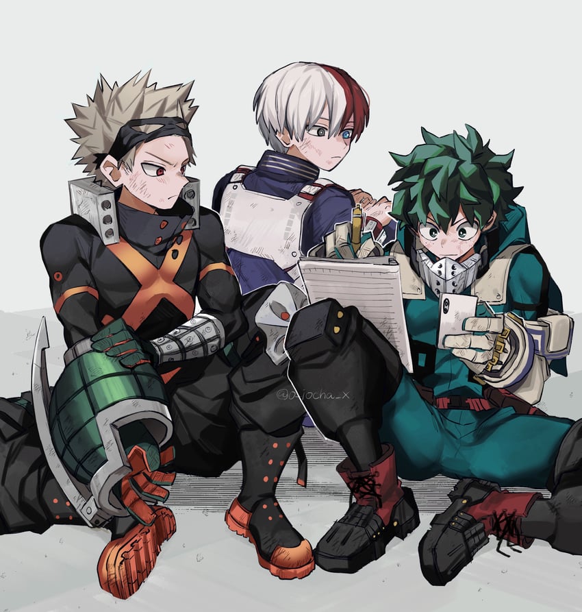 midoriya izuku, bakugou katsuki, and todoroki shoto (boku no hero academia) drawn by mimisu