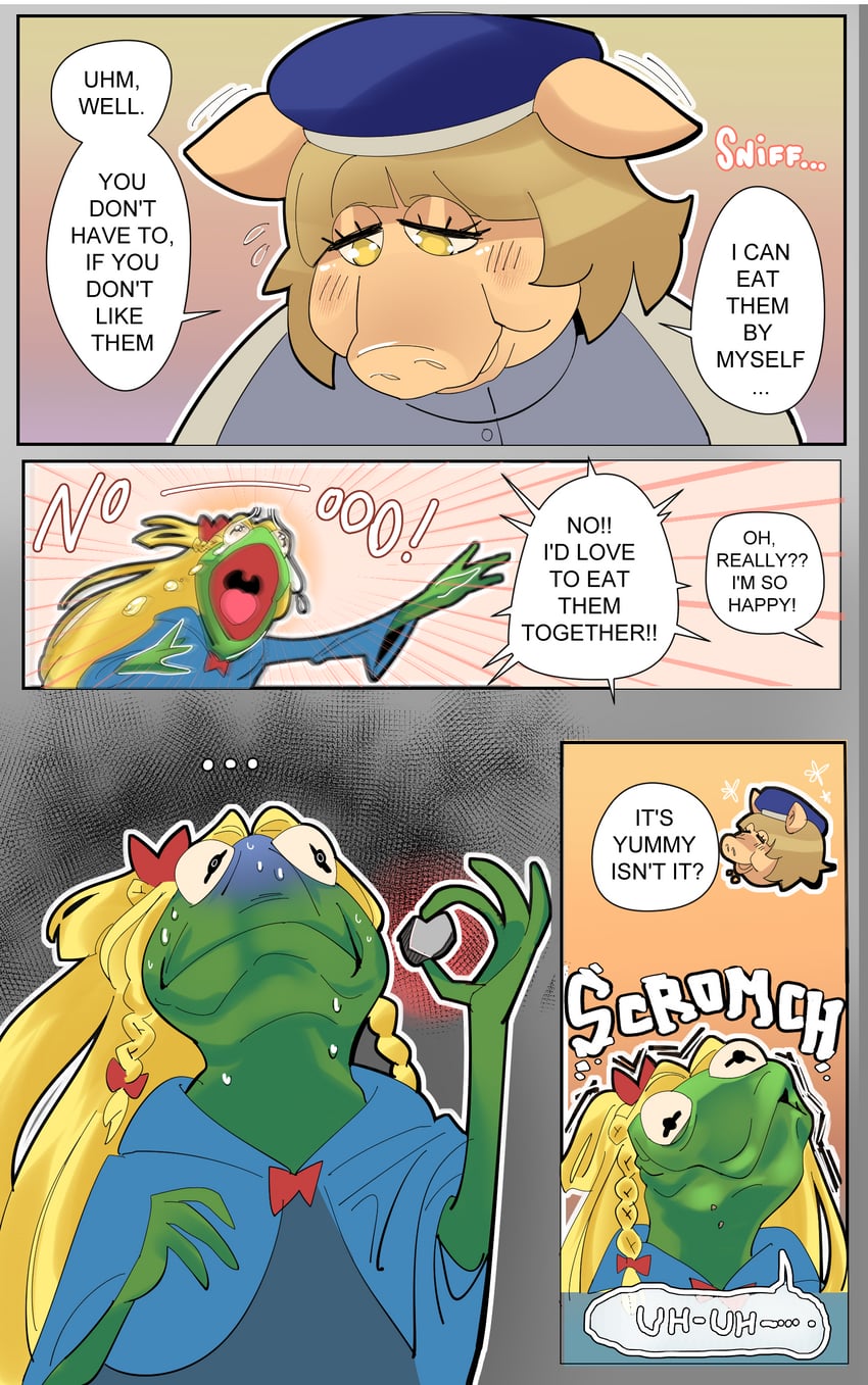 marcille donato, falin touden, kermit the frog, and miss piggy (dungeon meshi and 1 more) drawn by cartoonzyday