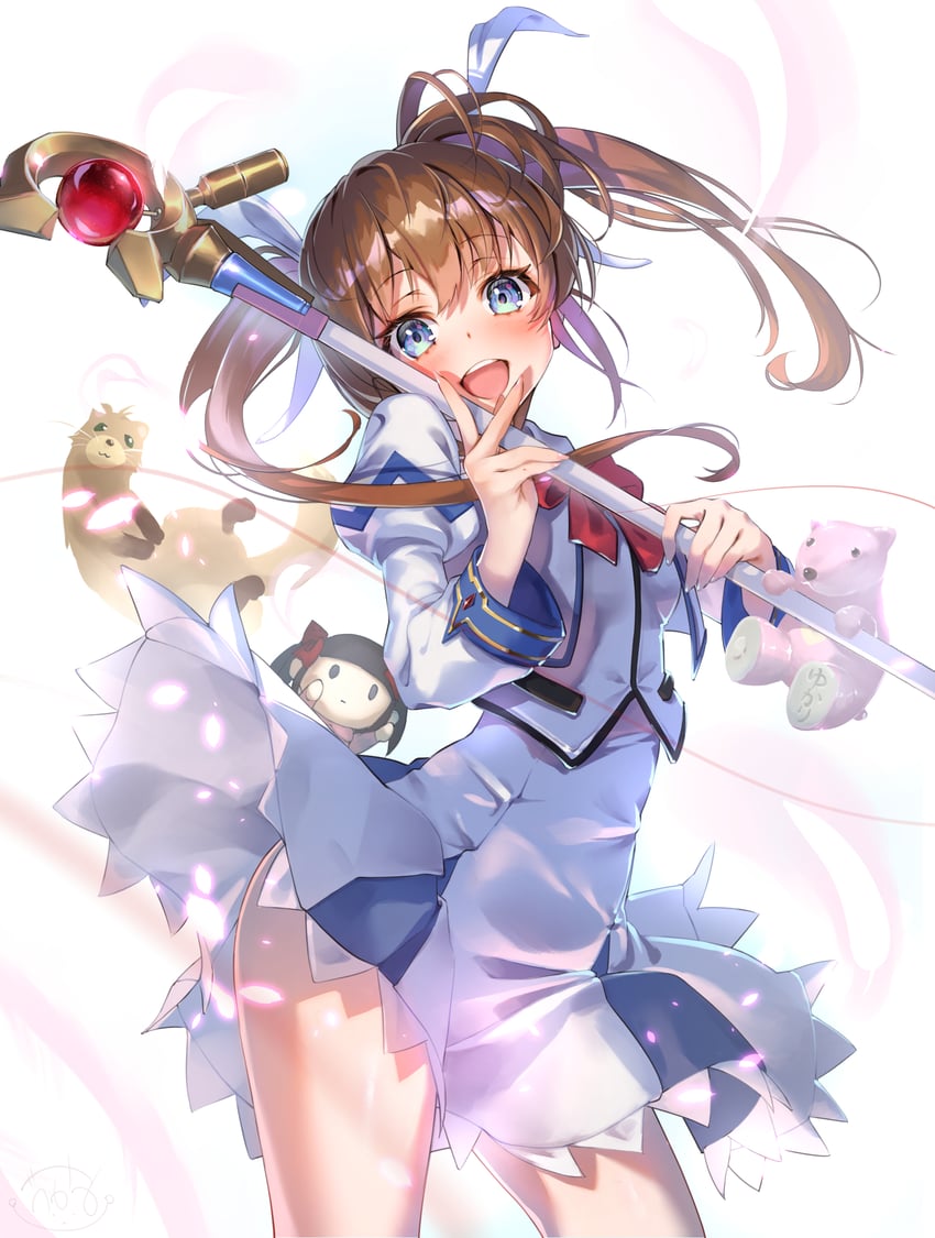 takamachi nanoha, raising heart, yuuno scrya, and tamura yukari (lyrical nanoha and 1 more) drawn by yonabe