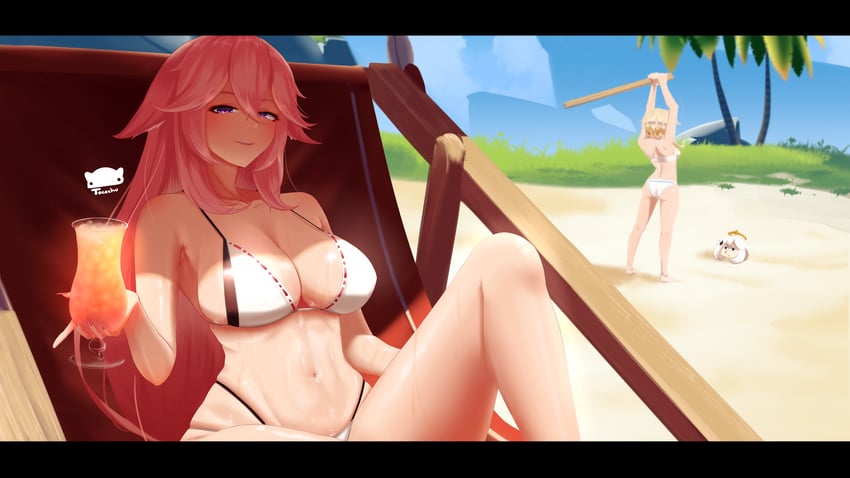 lumine, yae miko, and paimon (genshin impact) drawn by tacochu