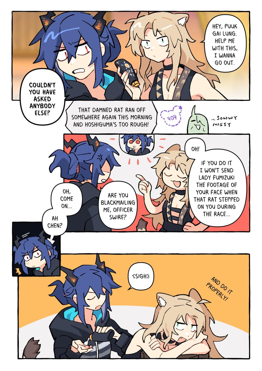 ch'en, hoshiguma, swire, and ch'en the holungday (arknights) drawn by vento